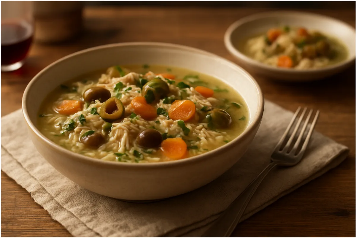 close-up ladle pouring rich marry me chicken soup into a warm bowl garnished with basil
