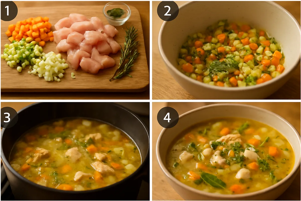stirring creamy tomato broth with chicken pieces simmering in a large pot on stovetop