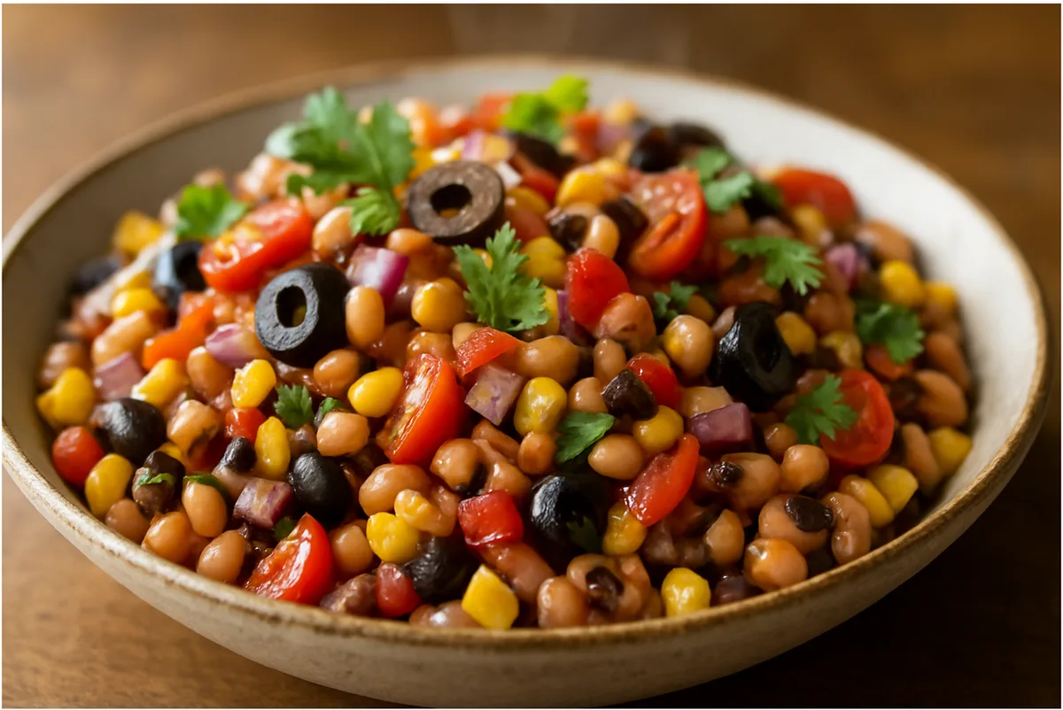 cowboy caviar dip recipe in white bowl with tortilla chips and garnish