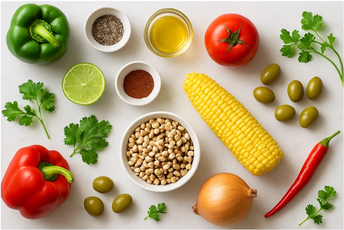 cowboy caviar dip ingredients flat lay black beans corn salsa avocado