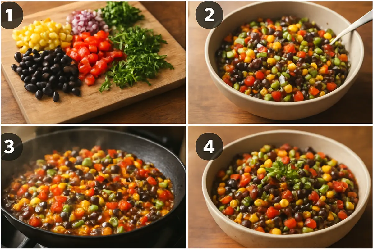 Mixing cowboy caviar dip ingredients together in glass bowl with wooden spoon