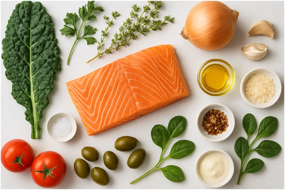 creamy tuscan salmon recipe ingredients flat lay including salmon fillet, sun-dried tomatoes, spinach, cream