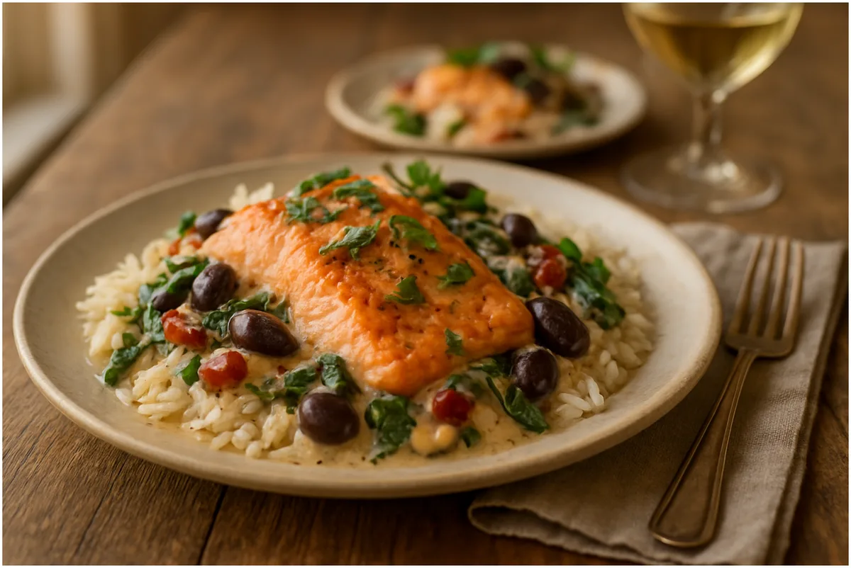 creamy tuscan salmon recipe portion plated with creamy tuscan sauce and fresh spinach garnish