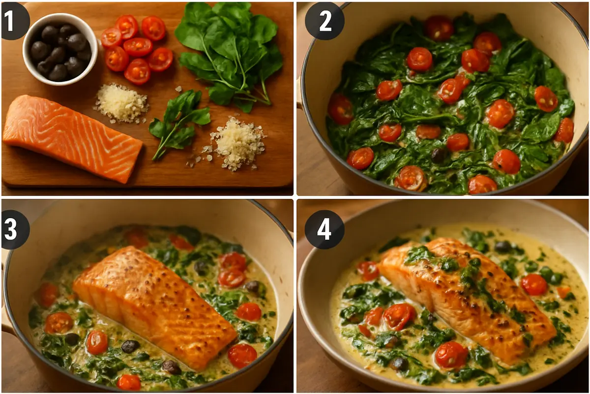 creamy tuscan salmon recipe cooking process showing salmon searing in skillet with sauce