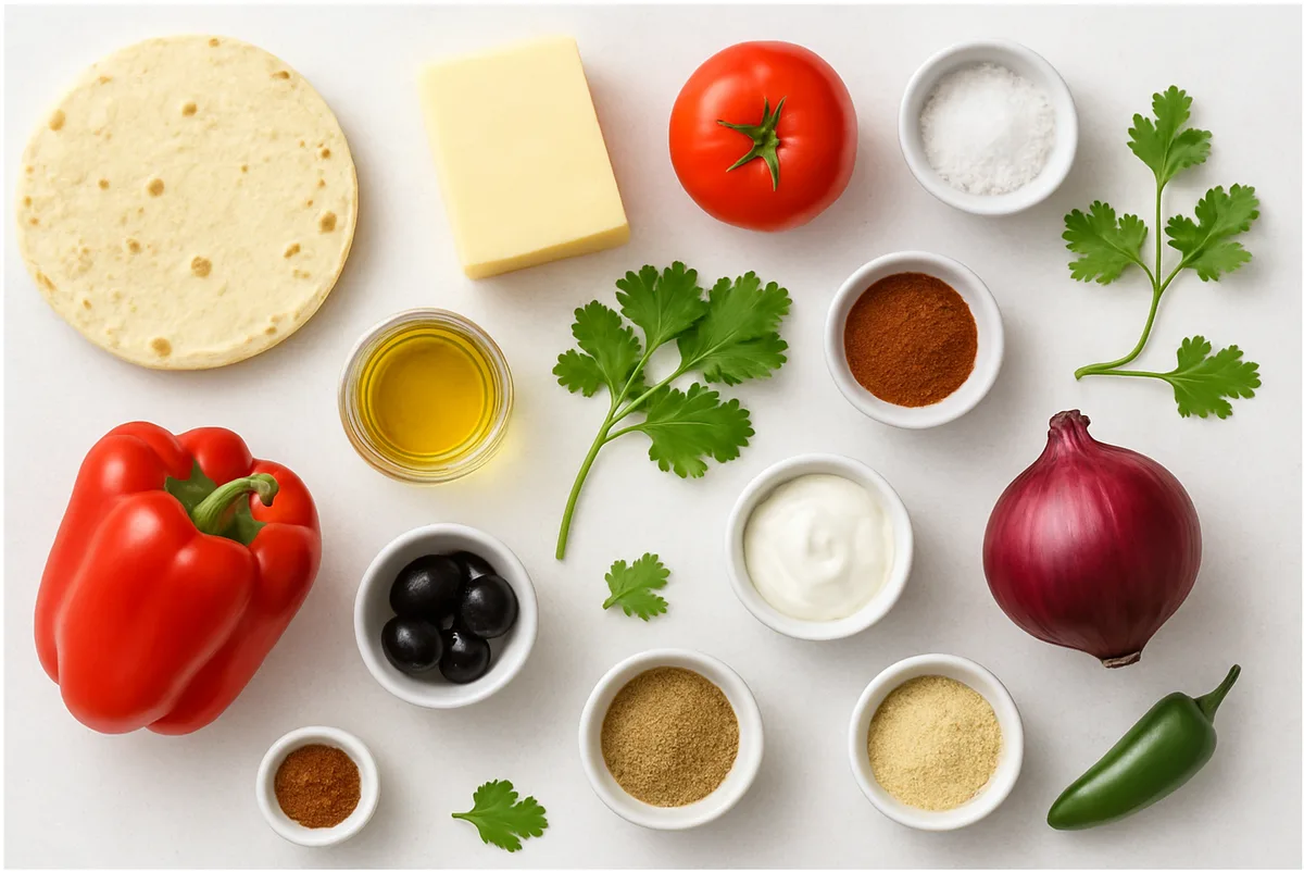 mini crunchwrap sliders recipe ingredients flat-lay showing beef, tortillas, nacho cheese, and fresh toppings