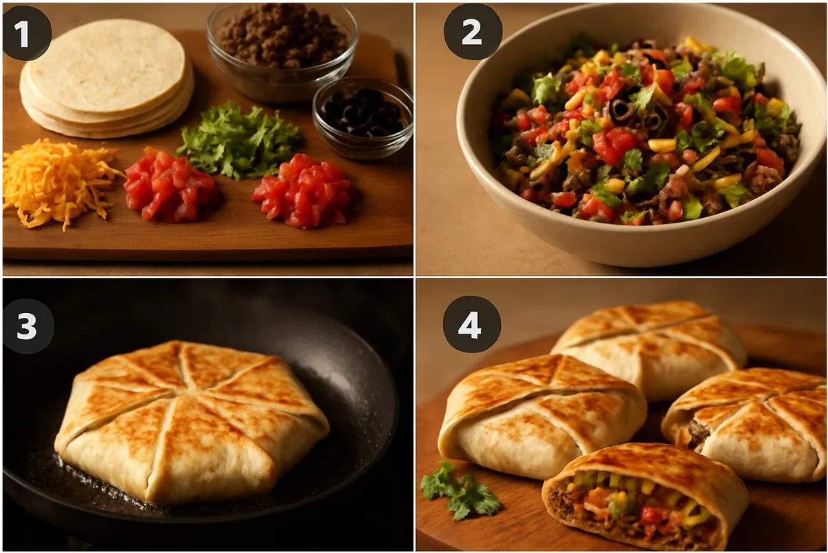 mini crunchwrap sliders recipe cooking process showing hand assembling and grilling crispy slider