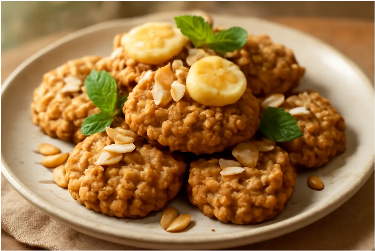 banana oatmeal cookie recipe featuring soft, chewy golden cookies stacked on a plate