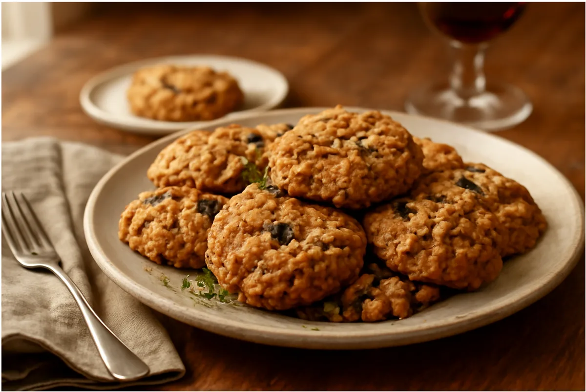 Close-up of soft banana oatmeal cookies served on a dessert plate with visible chewy centers