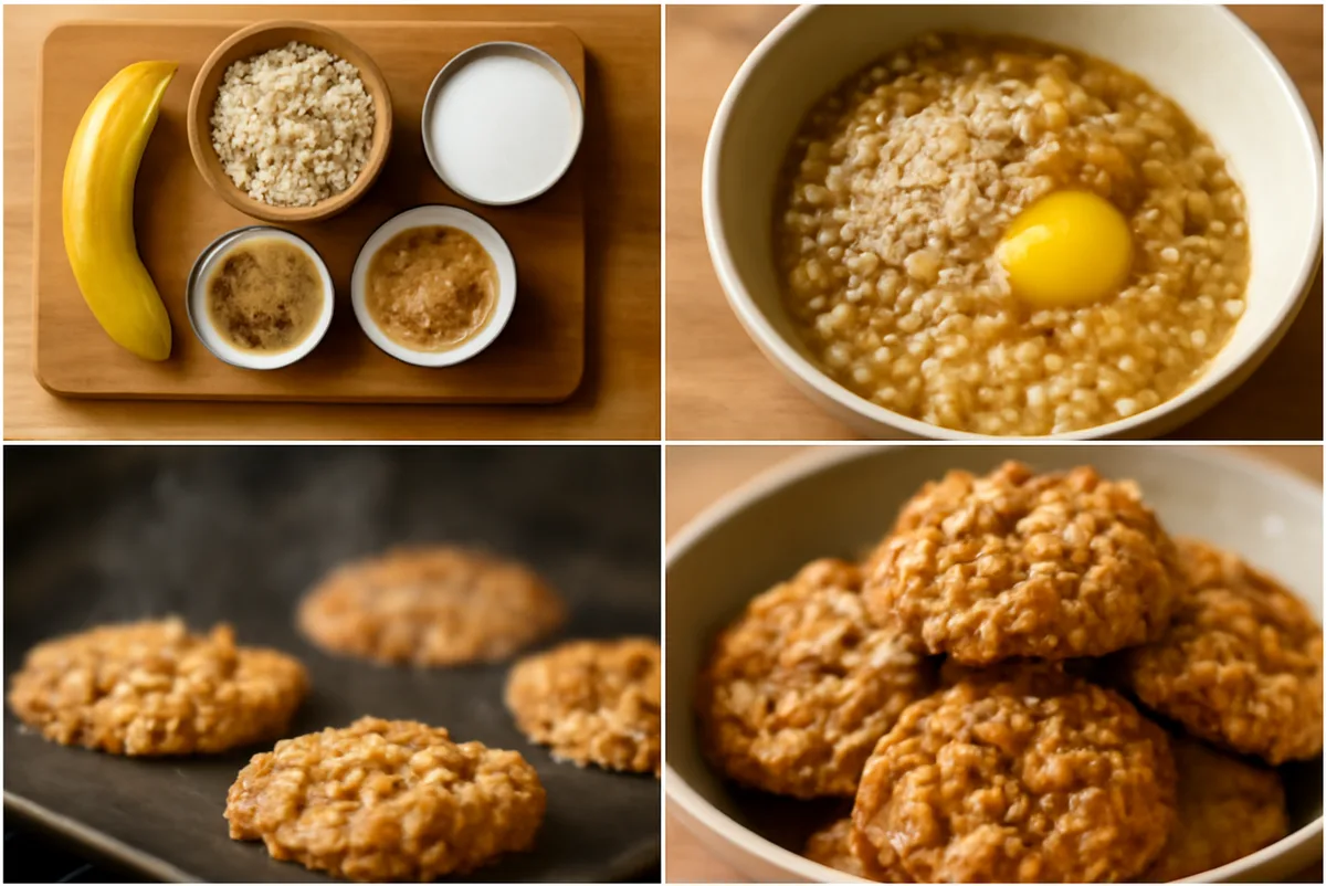 Hands mixing mashed bananas, rolled oats, and cookie dough ingredients in a large bowl