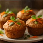 healthy carrot banana muffins arranged on a plate, tender golden tops with shredded carrots