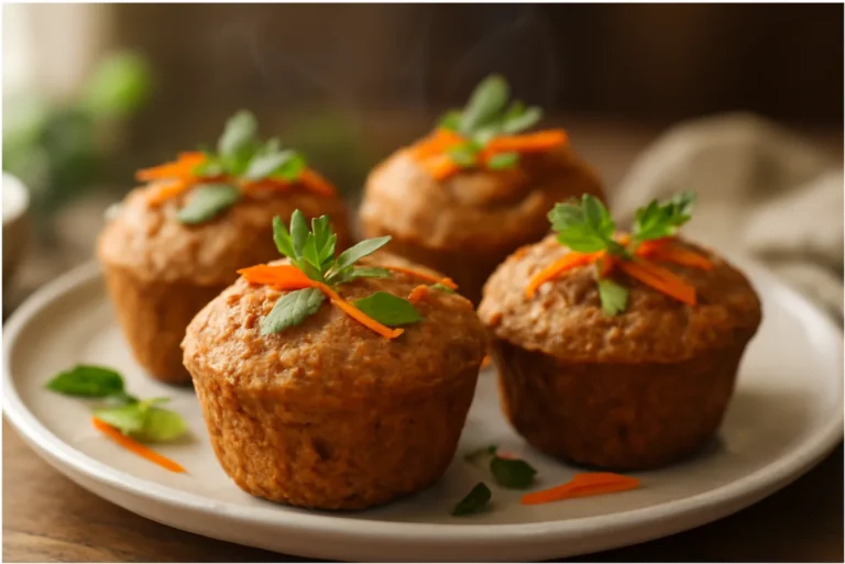 healthy carrot banana muffins arranged on a plate, tender golden tops with shredded carrots