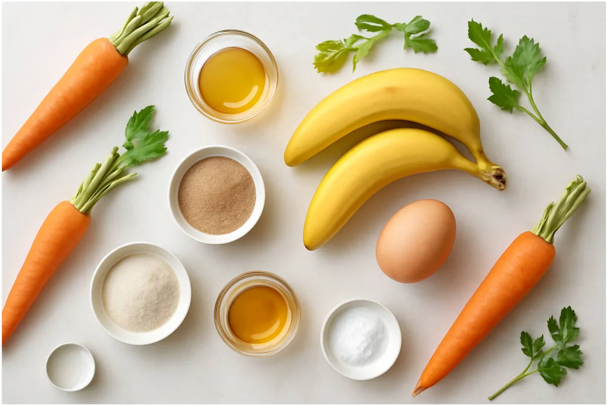 Flat-lay of bananas, shredded carrots, flour, oats, eggs, cinnamon, and baking ingredients