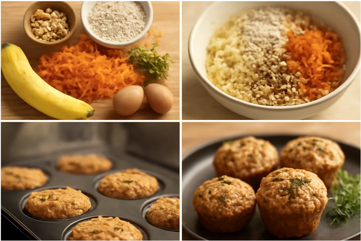 Hands mixing mashed bananas, shredded carrots, and muffin batter in a large bowl