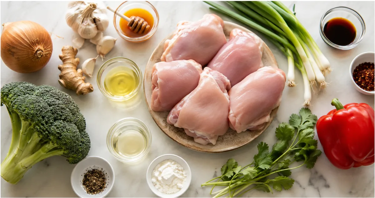 Flat-lay of chicken breasts, honey, garlic, soy sauce, herbs, and cooking ingredients