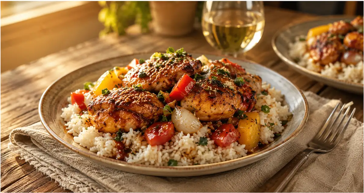 Close-up portion of honey garlic chicken served with rice and steamed vegetables