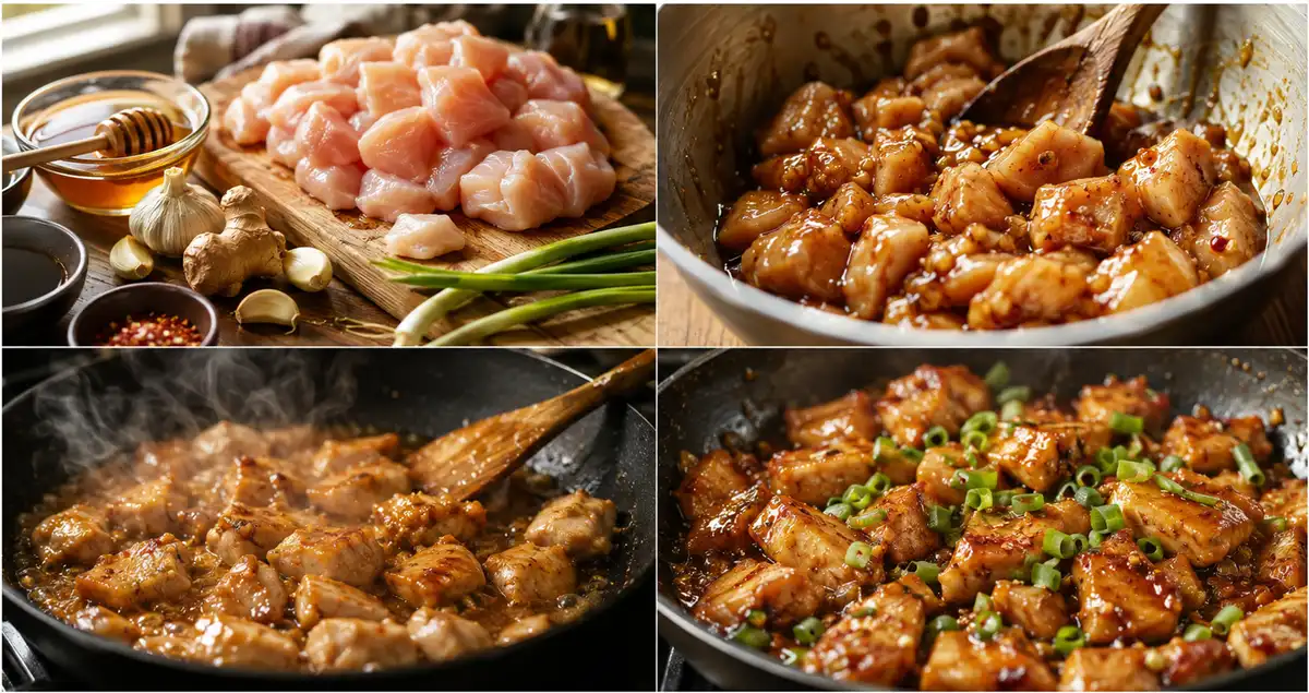Chicken breasts sizzling in skillet while honey garlic sauce is poured over them